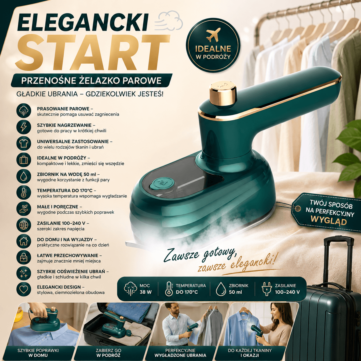 Elegancki Start-Żelazko Parowe Przenośne Podróżne Mini Premium