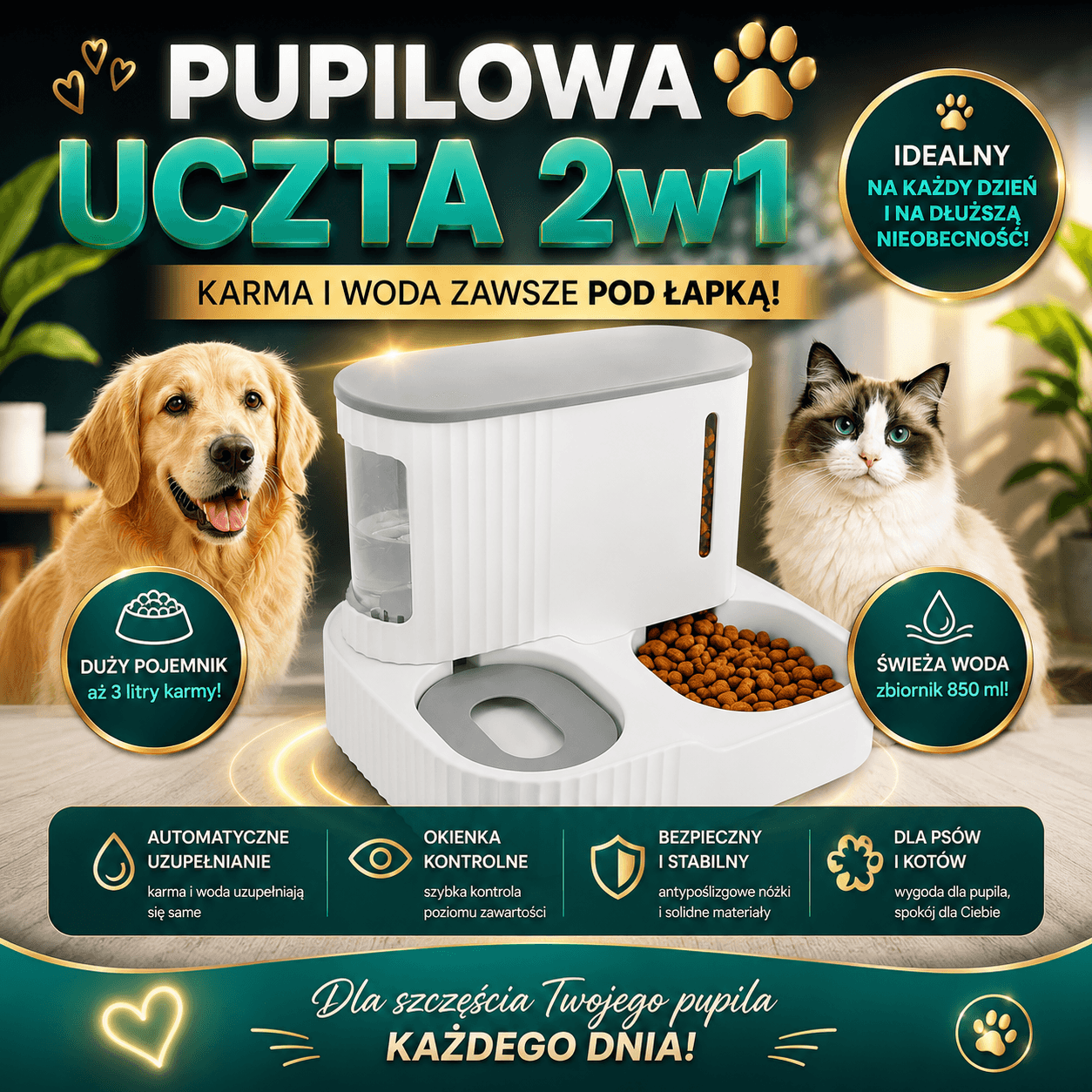 🐶Pupilowa Uczta 2w1-dozownik wody i karmy dla psa i kota automatyczny🐱