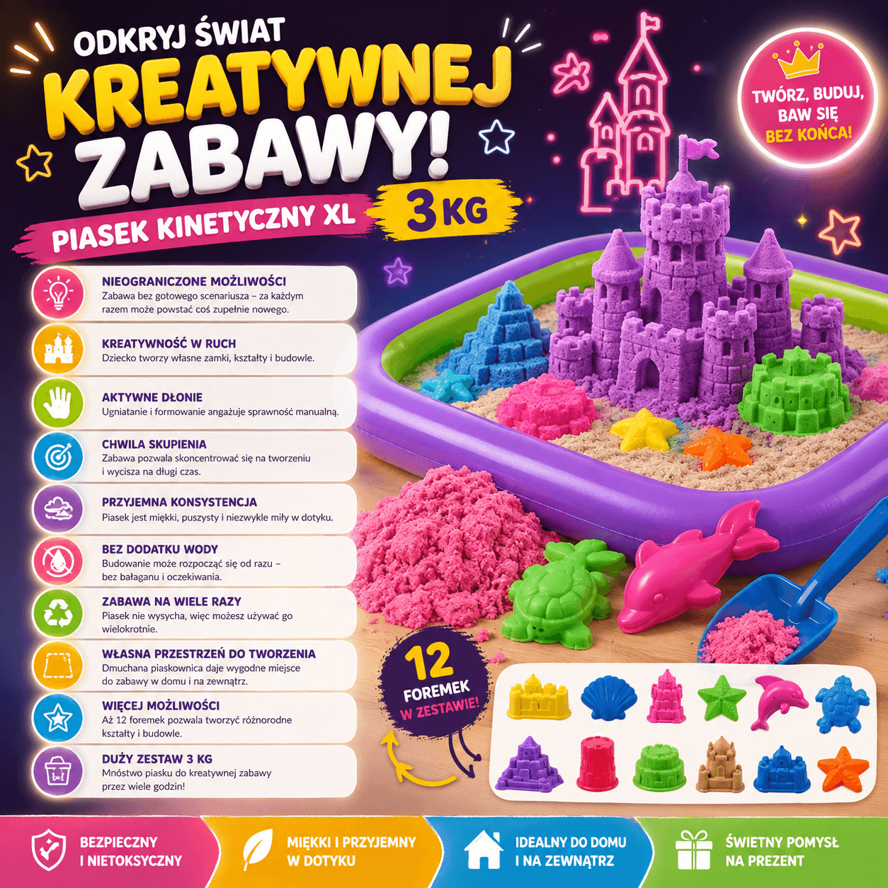 Piaskowa Kraina XL – Kreatywny Zestaw Piasku Kinetycznego 3 kg 🏰✨