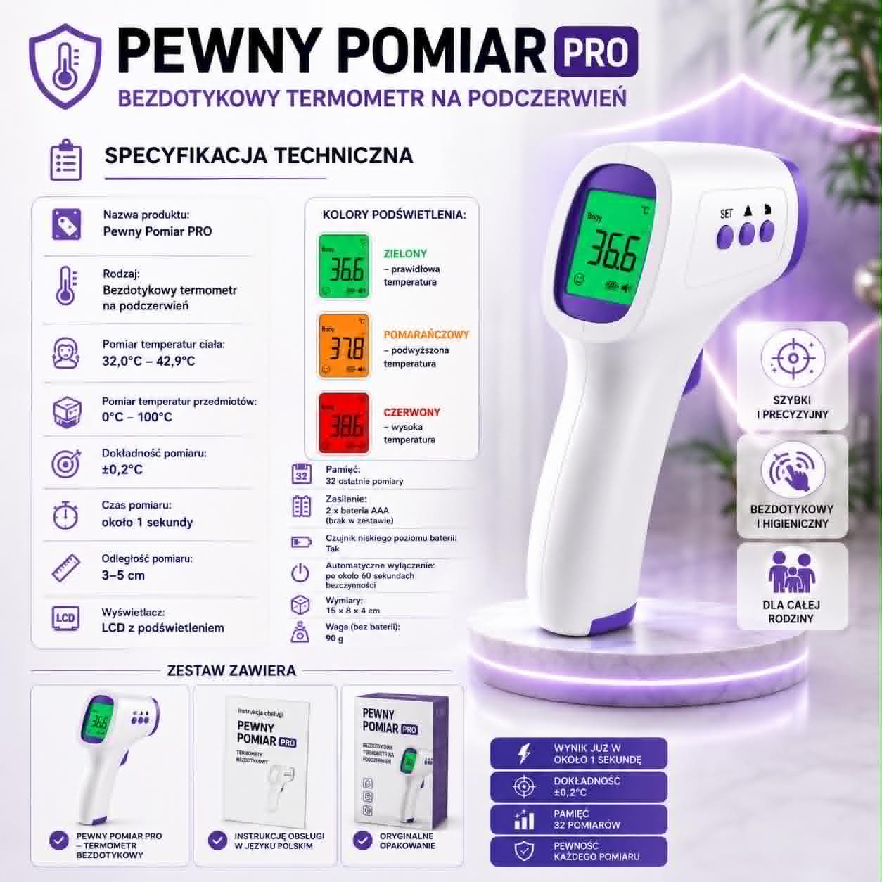 🌡️Pewny Pomiar PRO~Bezdotykowy Termometr na Podczerwień🌡️