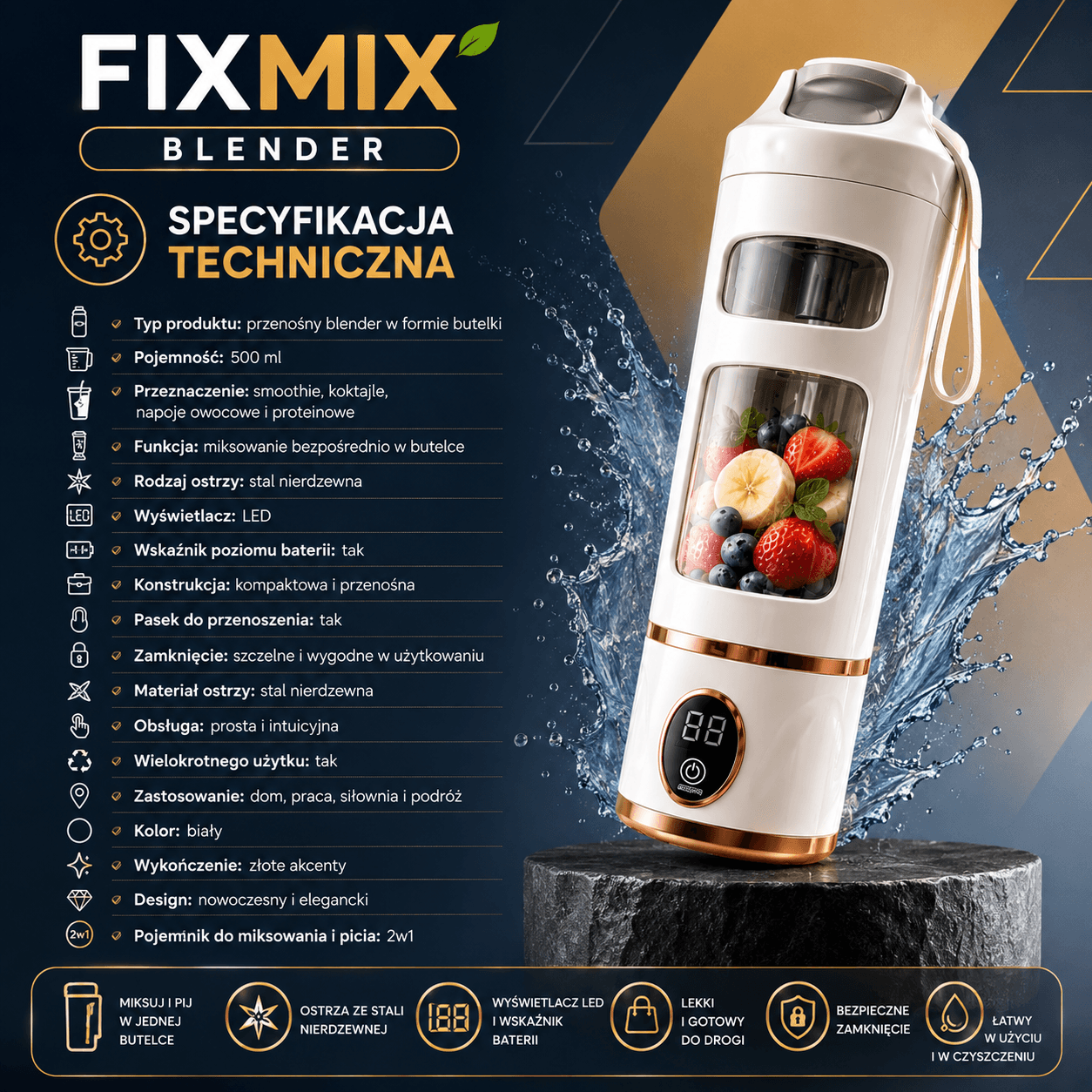 FitMix-Butelka Blender 500ML BIAŁY