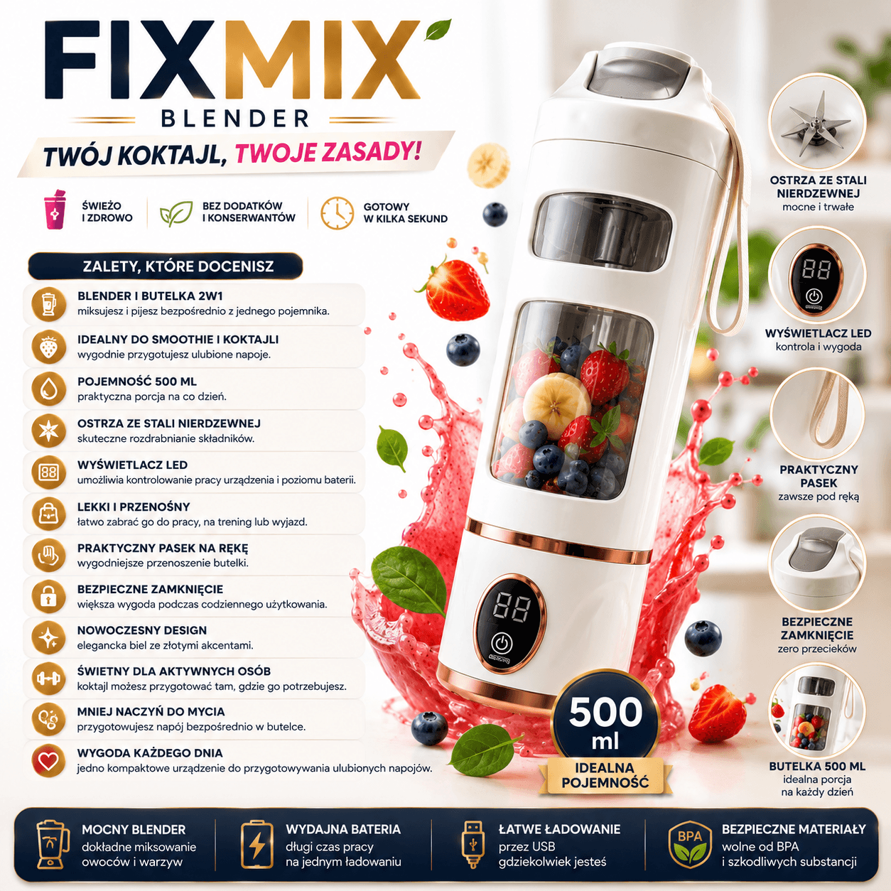 FitMix-Butelka Blender 500ML BIAŁY