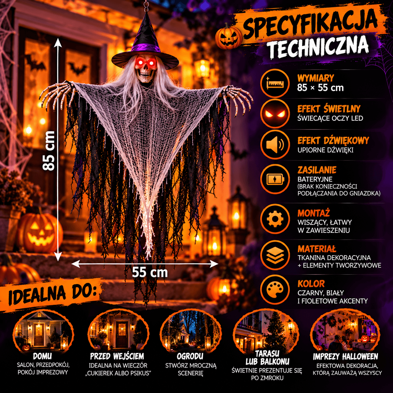 🧙‍♀️ Mroczna Czarownica – Interaktywna Dekoracja Halloween z Efektem Świetlnym i Dźwiękiem