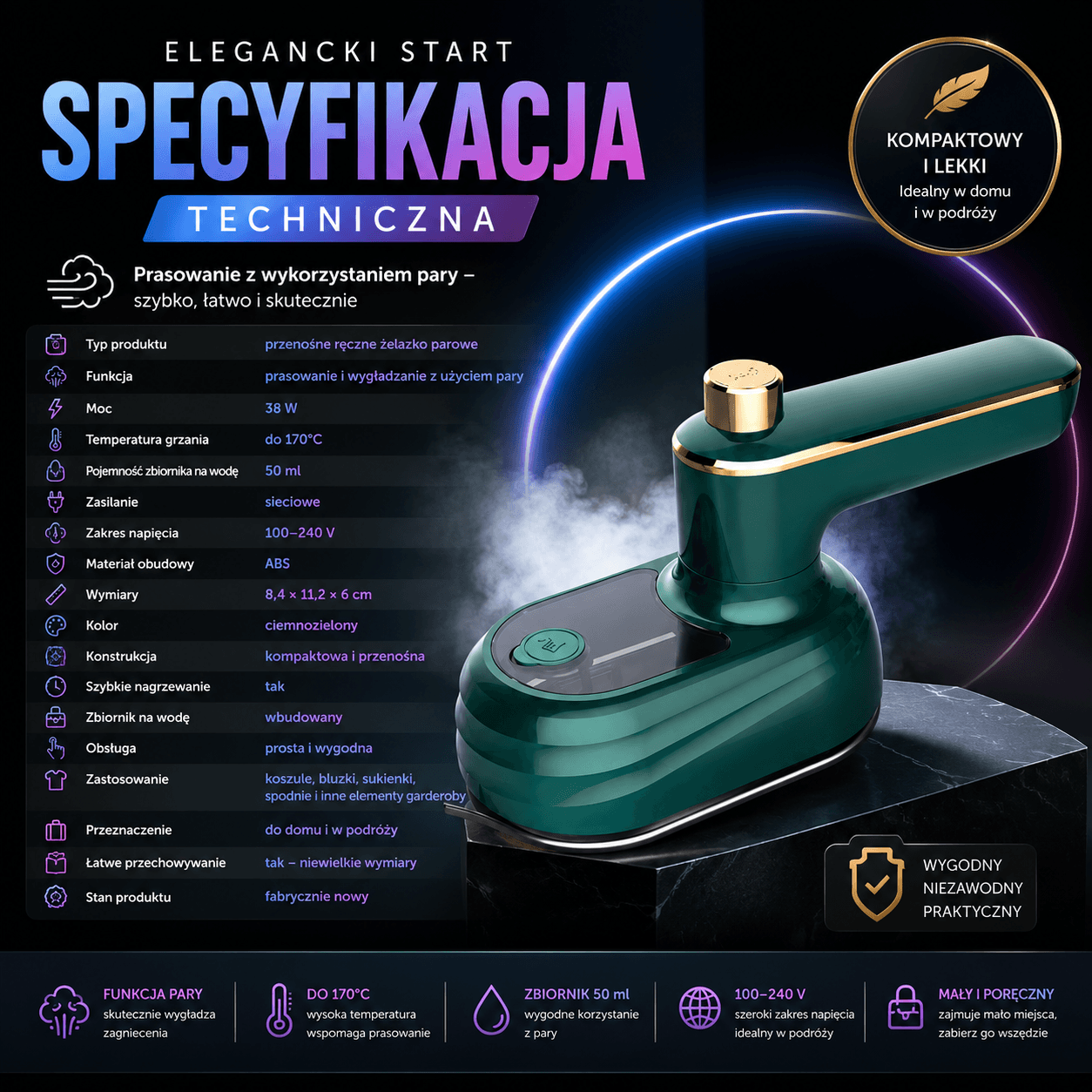 Elegancki Start-Żelazko Parowe Przenośne Podróżne Mini Premium