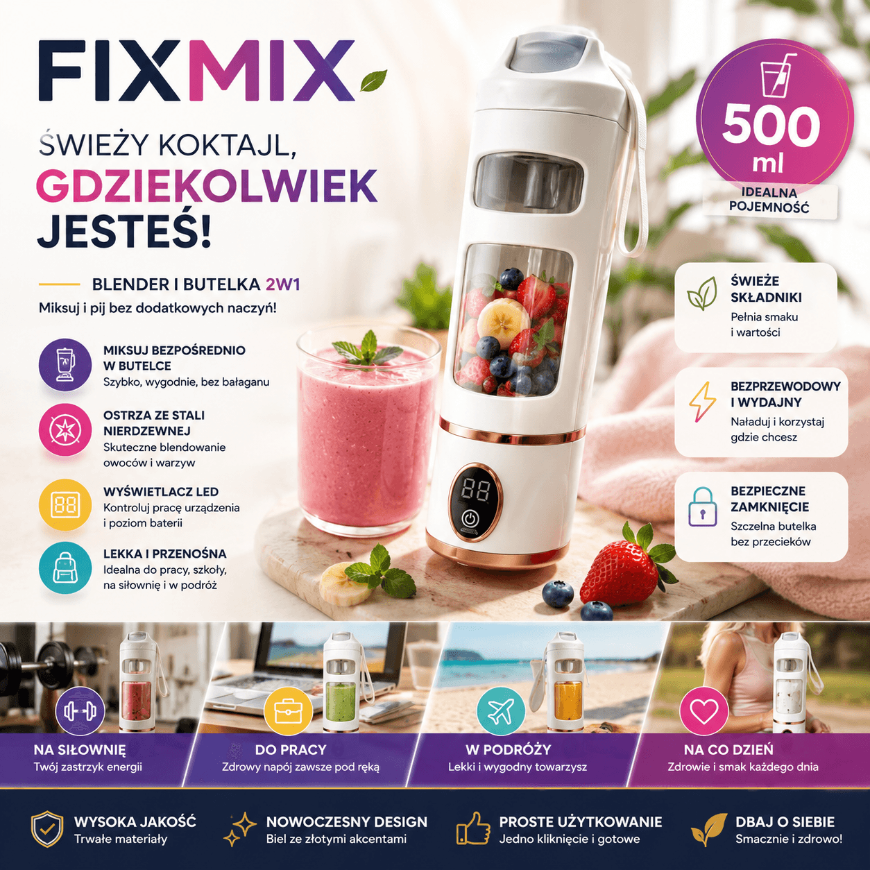 FitMix-Butelka Blender 500ML BIAŁY
