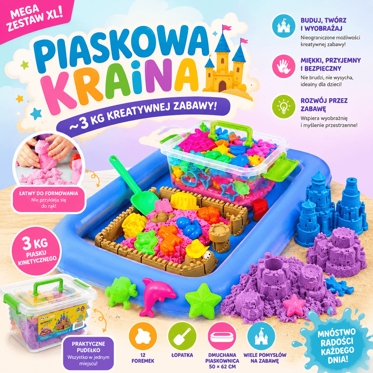 Piaskowa Kraina XL – Kreatywny Zestaw Piasku Kinetycznego 3 kg 🏰✨