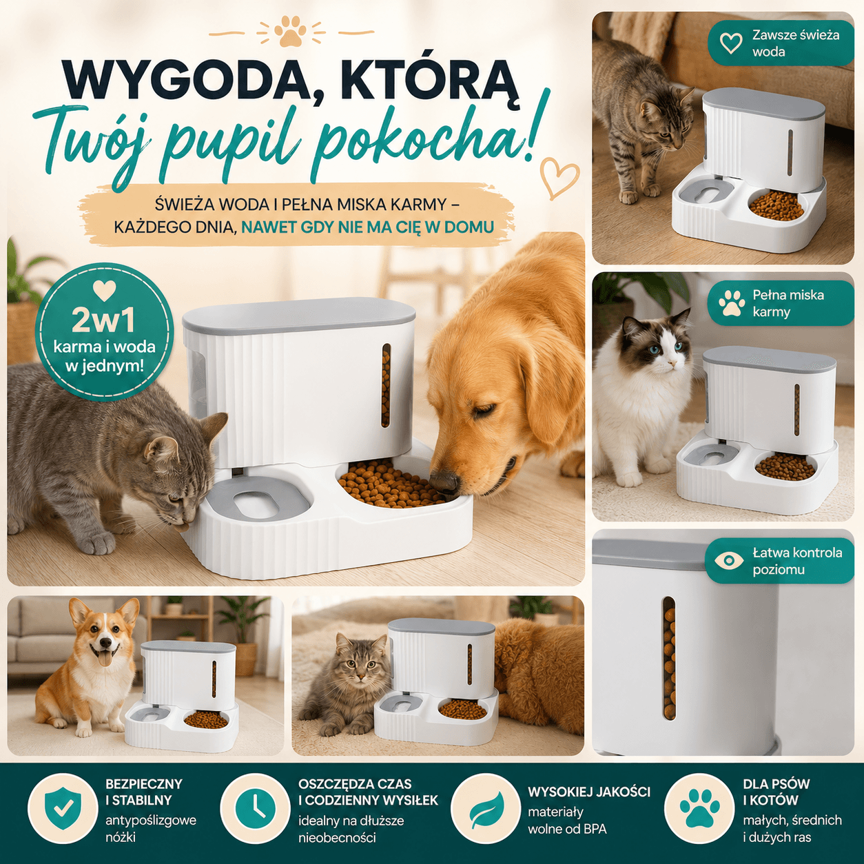 🐶Pupilowa Uczta 2w1-dozownik wody i karmy dla psa i kota automatyczny🐱