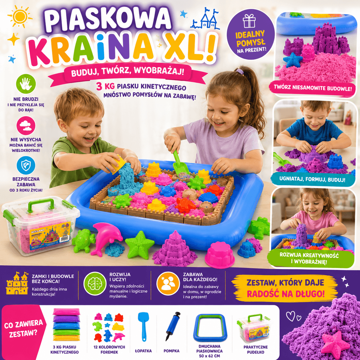 Piaskowa Kraina XL – Kreatywny Zestaw Piasku Kinetycznego 3 kg 🏰✨