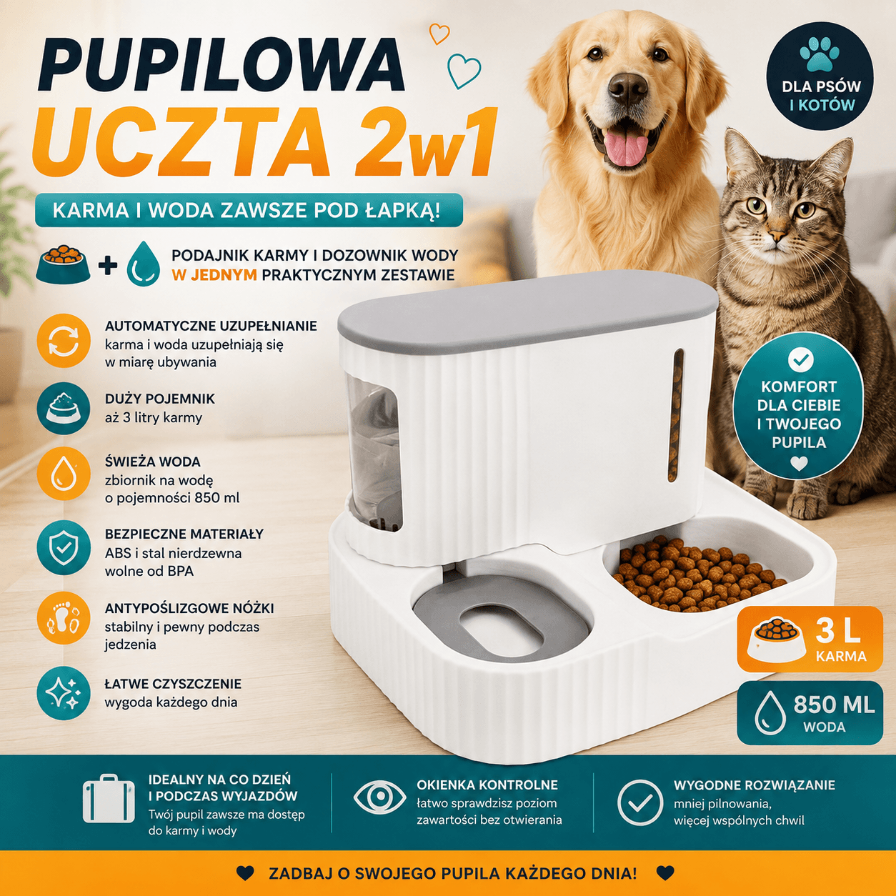 🐶Pupilowa Uczta 2w1-dozownik wody i karmy dla psa i kota automatyczny🐱
