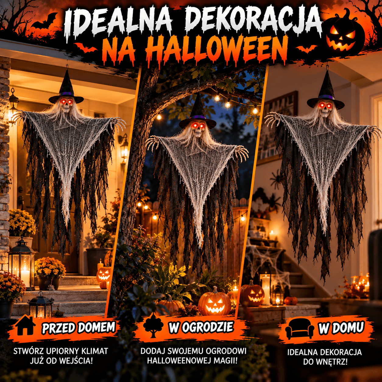 🧙‍♀️ Mroczna Czarownica – Interaktywna Dekoracja Halloween z Efektem Świetlnym i Dźwiękiem