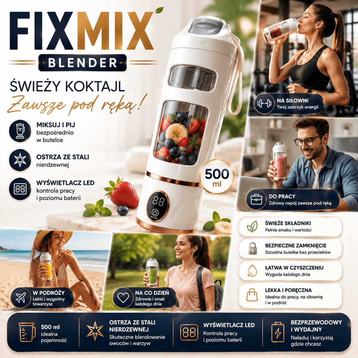 FitMix-Butelka Blender 500ML BIAŁY