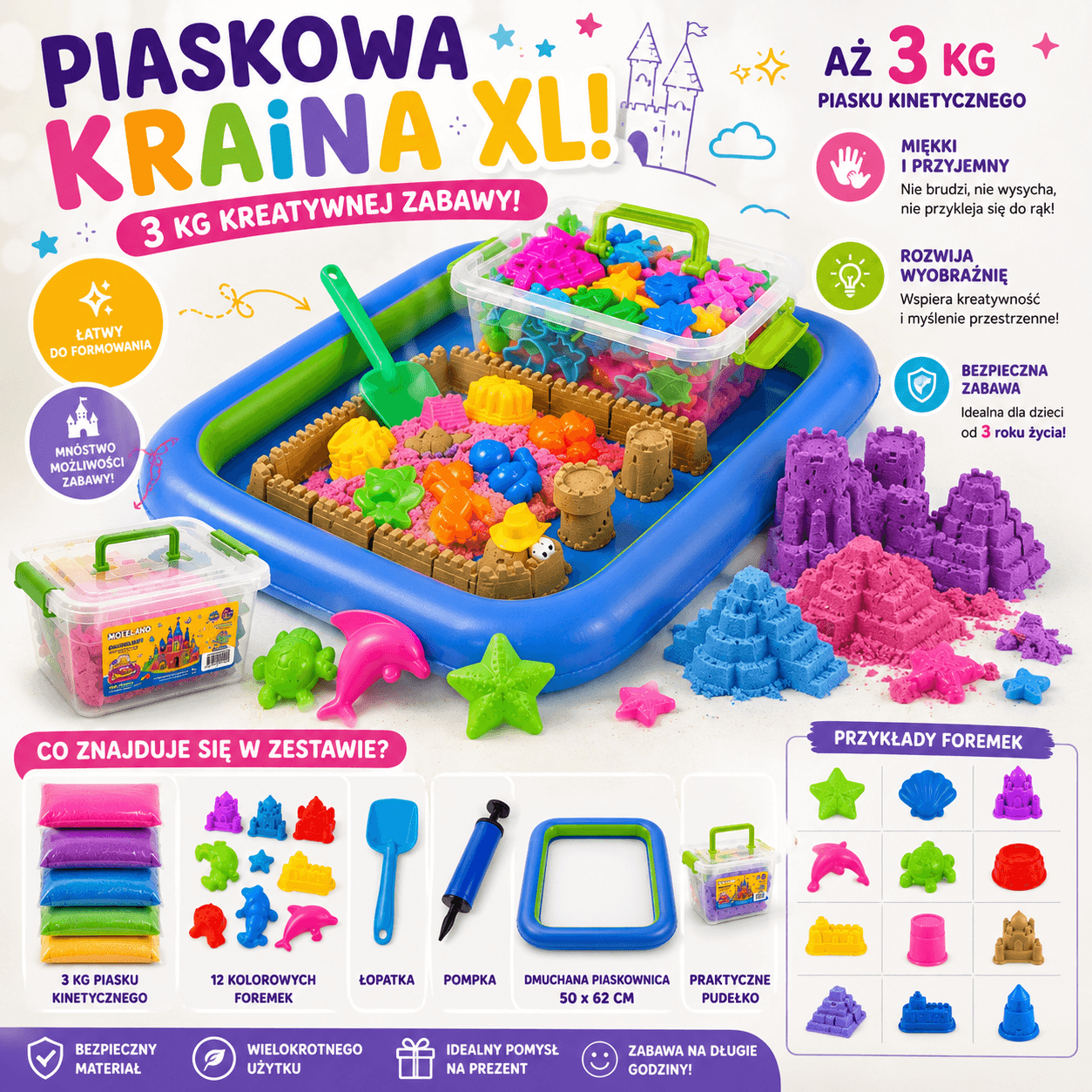 Piaskowa Kraina XL – Kreatywny Zestaw Piasku Kinetycznego 3 kg 🏰✨