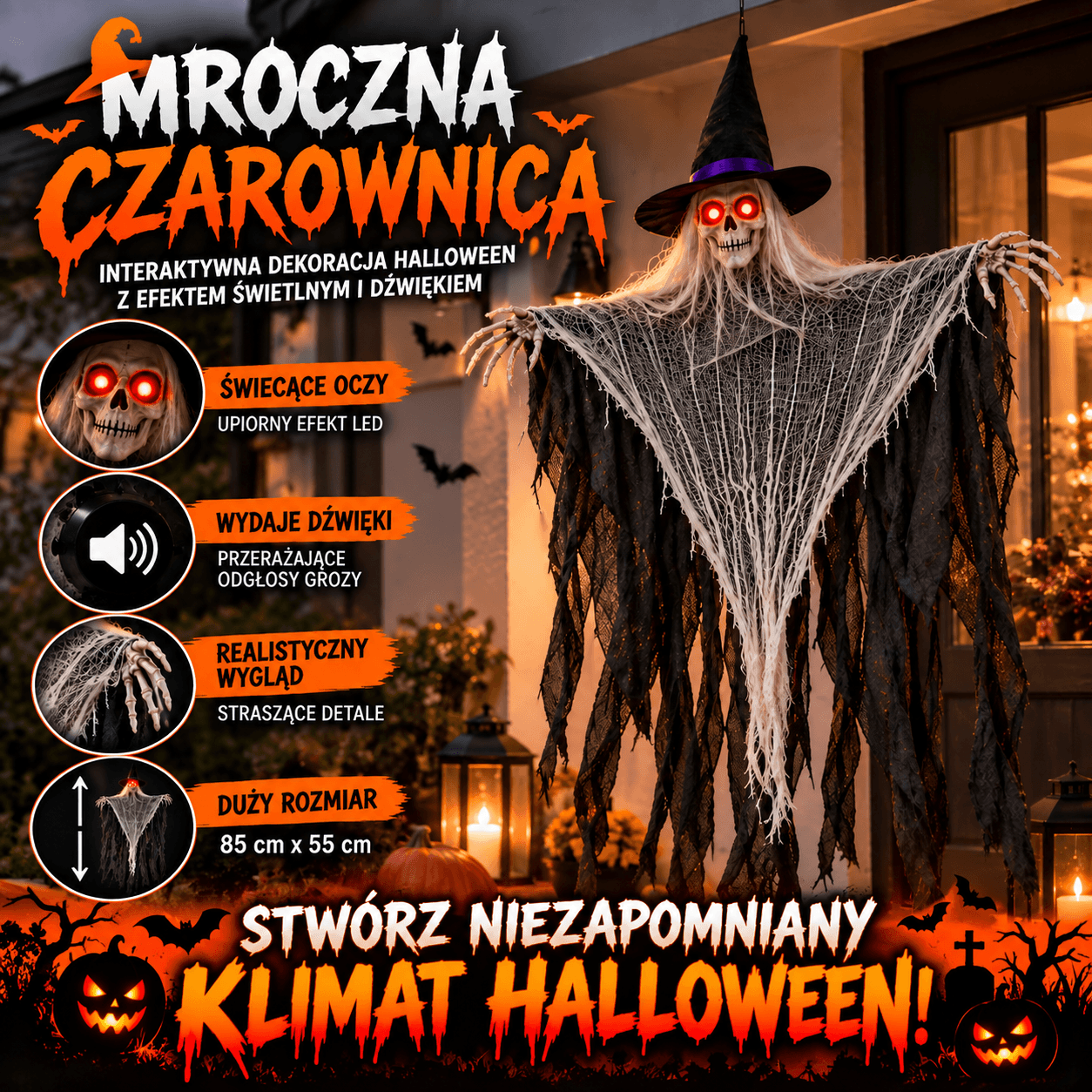🧙‍♀️ Mroczna Czarownica – Interaktywna Dekoracja Halloween z Efektem Świetlnym i Dźwiękiem